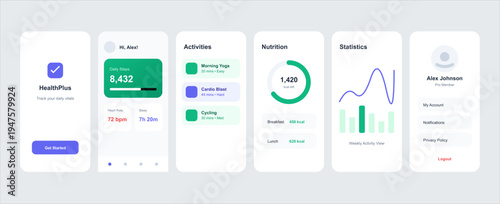 "A clean, modern, and minimalist UI kit for a health and fitness mobile application. The design features a professional aesthetic with a soft gray background and vibrant purple and green accents. It s