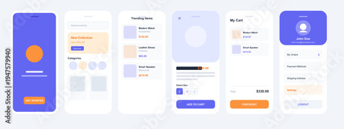 "The visual mood is clean, modern, and highly functional, characterized by a vibrant yet balanced color palette of deep purple and warm orange. The minimalist flat design conveys a sense of efficiency