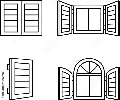 Black and white line of various windows and shutters line black and white architecture