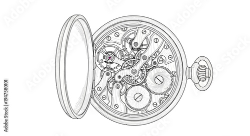 Detailed illustration of an open pocket watch mechanism.