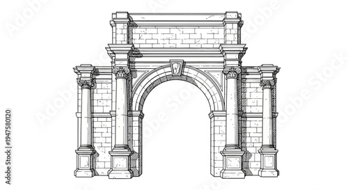 Detailed Line Drawing of Classical Triumphal Arch with Columns.