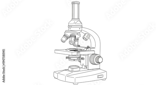 Detailed Outline Illustration of Laboratory Microscope Instrument.