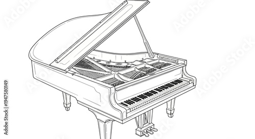 Detailed Sketch of an Open Grand Piano Musical Instrument.
