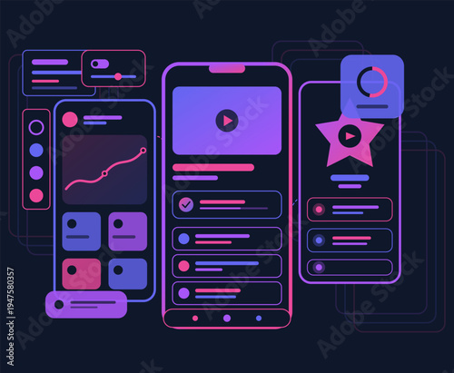 "A high-contrast, modern flat vector illustration featuring a stylized mobile interface ecosystem. The visual mood is sleek, futuristic, and high-energy, utilizing a vibrant neon palette of electric 