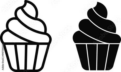Two simple black and white cupcake icons, one outlined and one solid, representing sweet treats and desserts.