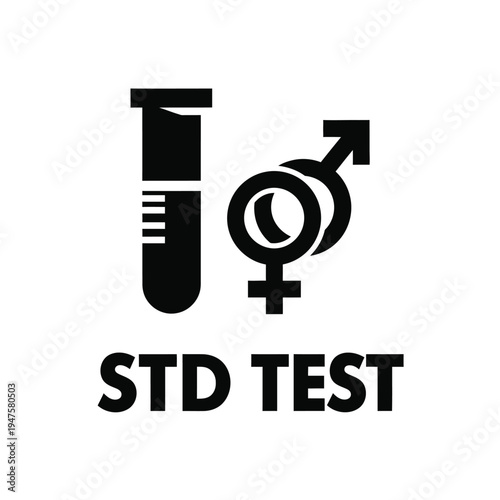 This graphic depicts a test tube alongside gender symbols accompanied by the text std test representing sexual health screening high quality professional detailed modern