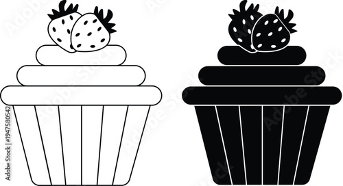 Black and white graphic illustration of two cupcakes with frosting and strawberries.