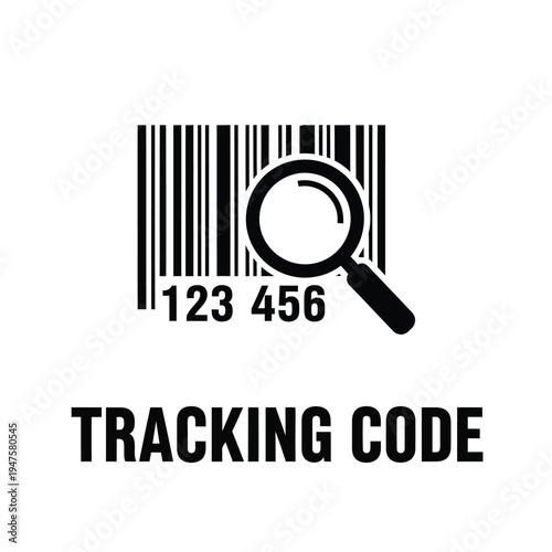 A black and white image depicts a barcode alongside a magnifying glass and numerical code with the text tracking code below high quality professional