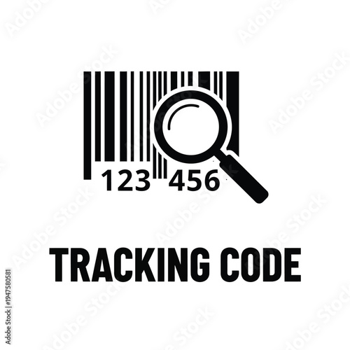 A black and white graphic depicts a barcode being examined with a magnifying glass alongside a tracking code label high quality professional detailed modern elegant stylish