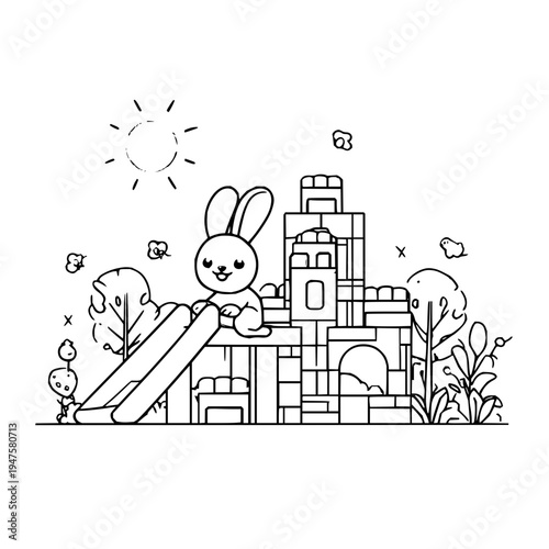 Whimsical cartoon bunny character happily sliding down a large toy block castle slide on a sunny day surrounded by playful elements and abstract shapes perfect for children's