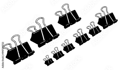 Black binder clip collection isolated stationery paper holder office supply vector set