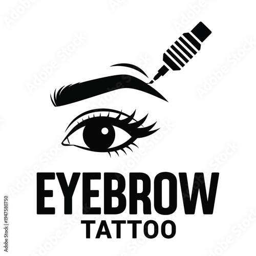 A striking black and white graphic depicts a tattooing process focused on an eyebrow with a visible eye and bold text high quality professional detailed modern