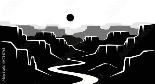 Black and white canyon landscape illustration.