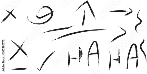 A collection of abstract black brush strokes and symbols on a white background