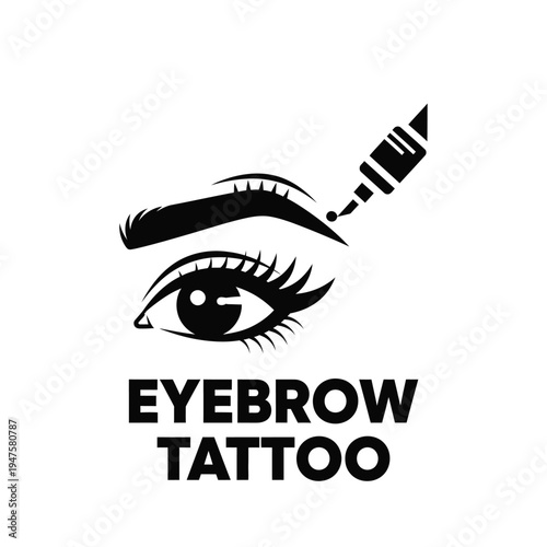 A stylized black and white illustration depicts a close up of an eye with prominent lashes and an eyebrow alongside tattoo imagery high quality professional detailed modern