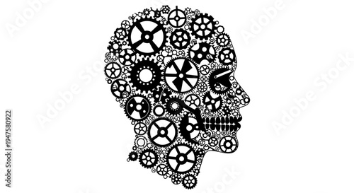 Black and white gear skull head.