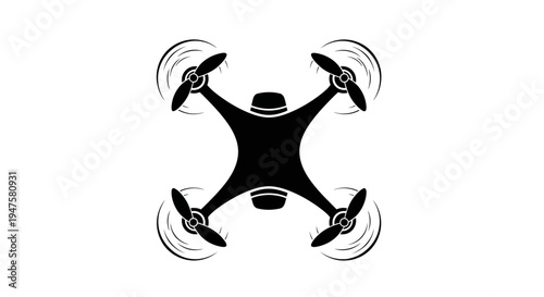 Black drone with four propellers flying.