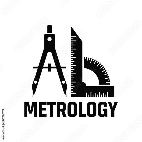 A sleek black graphic combines a drawing compass protractor and ruler boldly labeled with the word metrology underneath high quality professional detailed modern elegant
