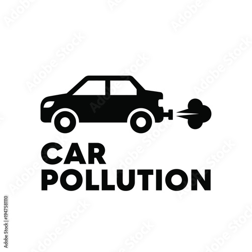 A simple black silhouette of a car emitting dark smoke from its exhaust pipe alongside the words car pollution high quality professional detailed modern