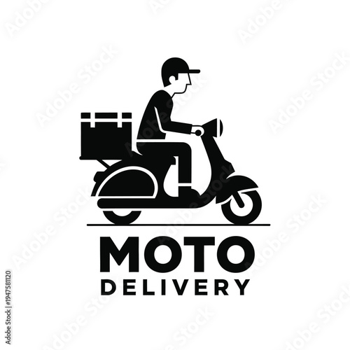 A stylized black silhouette depicts a delivery person on a scooter showcasing a box on the back and the text moto delivery high quality