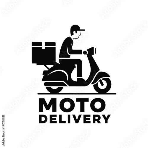 A stylized black and white illustration depicts a delivery driver on a scooter with a large box showcasing moto delivery services high quality professional detailed modern