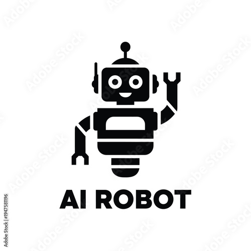 A simple black silhouette depicts a friendly robot with outstretched arms accompanied by the text ai robot below high quality professional detailed modern elegant
