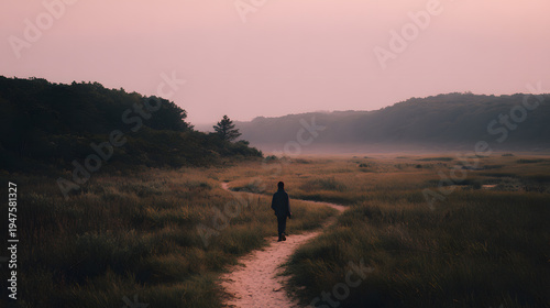 A solitary person walking along a winding path through a vast, misty landscape with a soft, atmospheric sky. Nature exploration concept