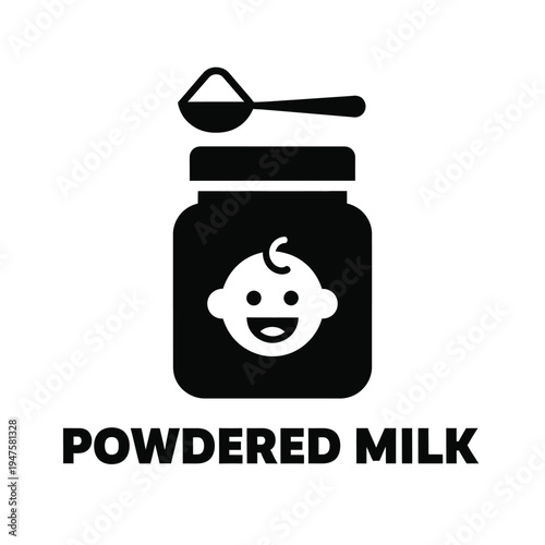 A simple black and white icon depicts a jar with a baby face and a spoon representing powdered milk for infant feeding high quality