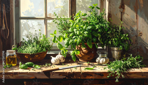 Fresh herbs on wooden surface near window in kitchen setting