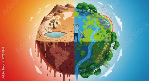 Earth divided into two halves showing climate change contrast.