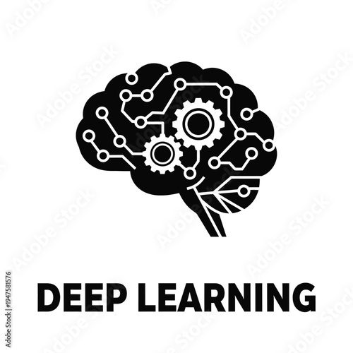 A stylized black silhouette of a human brain integrated with circuitry and gears illustrates the concept of deep learning high quality professional detailed modern