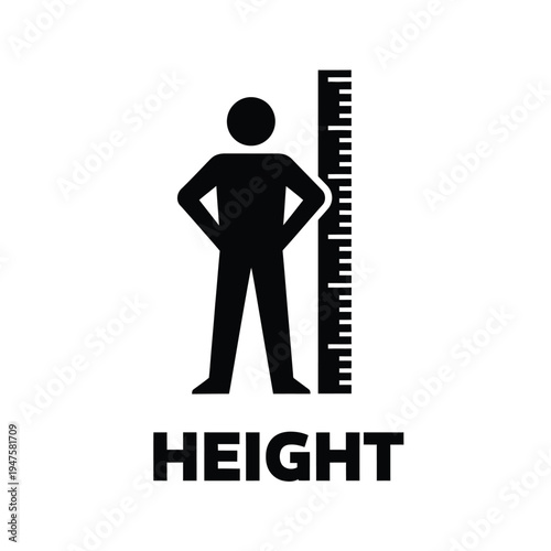A simple black silhouette of a person standing next to a measuring ruler with the word height written below high quality professional detailed modern