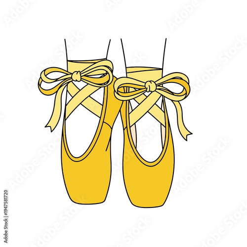 A pair of yellow ballet pointe shoes with ribbon ties illustrated