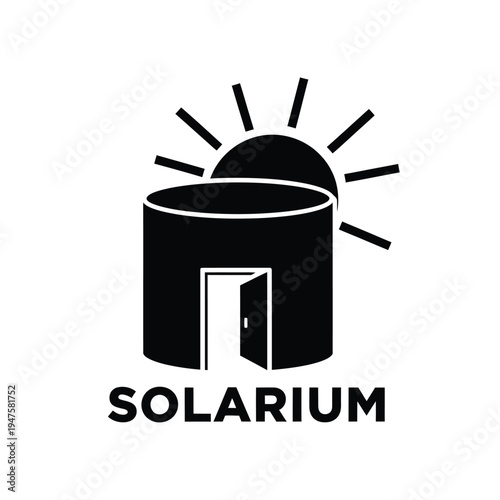 A black and white graphic depicts a cylindrical structure with an open doorway illuminated by radiating lines above high quality professional detailed modern elegant stylish clean