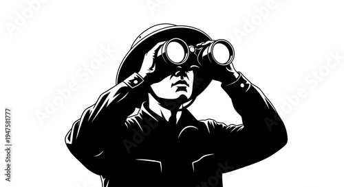 Explorer wearing hat looking through binoculars.