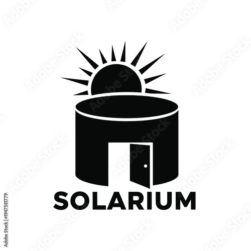 A minimalist black and white graphic depicts a circular solarium structure with a rising sun above labeled below high quality professional detailed modern elegant stylish clean