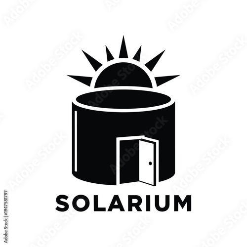 A striking black and white graphic depicts a cylindrical solarium structure with an open doorway positioned beneath a radiant sun high quality professional detailed modern elegant