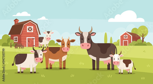 Farm animals cows standing in green field with barn.