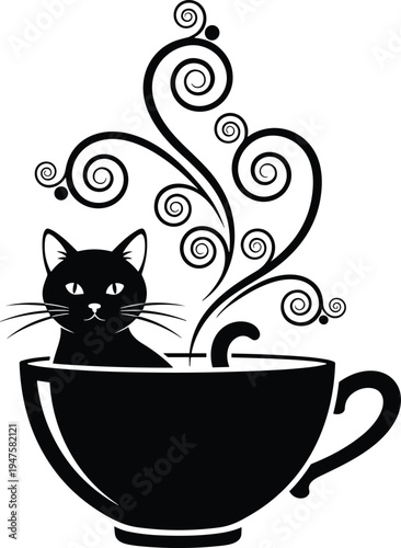 Black Cat in a Coffee Cup with Swirling Steam teacup beverage