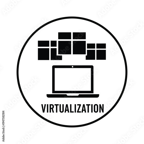 A circular icon displays a laptop projecting multiple screens representing the concept of virtualization technology and data streams high quality professional detailed modern elegant