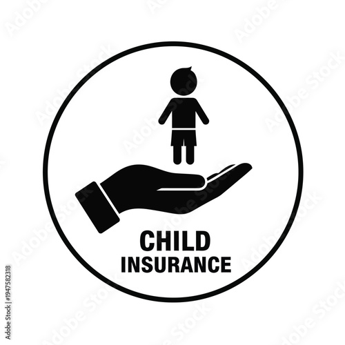 A stylized black and white illustration depicts a hand cradling a child figure promoting child insurance services high quality professional detailed modern elegant stylish clean crisp