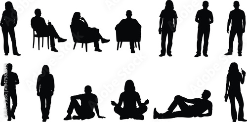 Diverse Silhouettes Of People In Various Poses And Activities On White Background woman child