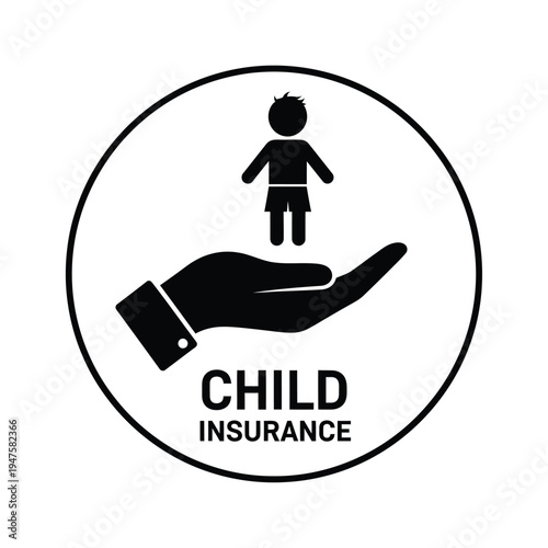 A stylized black icon depicts a hand cradling a small child figure accompanied by text reading child insurance high quality professional detailed modern elegant