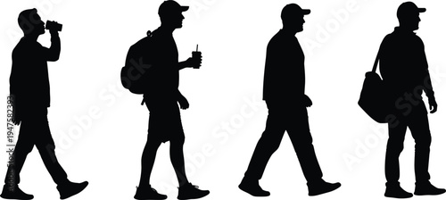 Four black silhouette figures of men walking and drinking vector illustration