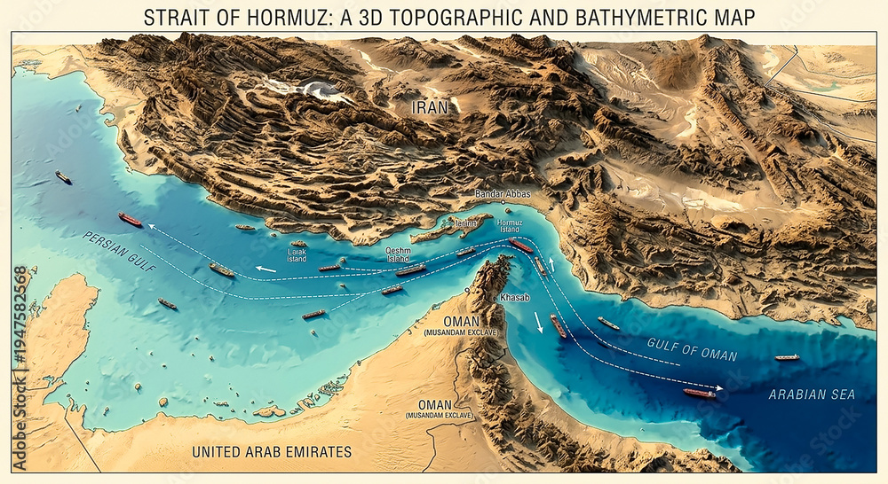 Fototapeta premium 3D map of the Gulf of Hormuz with the route of oil vessels through the strait