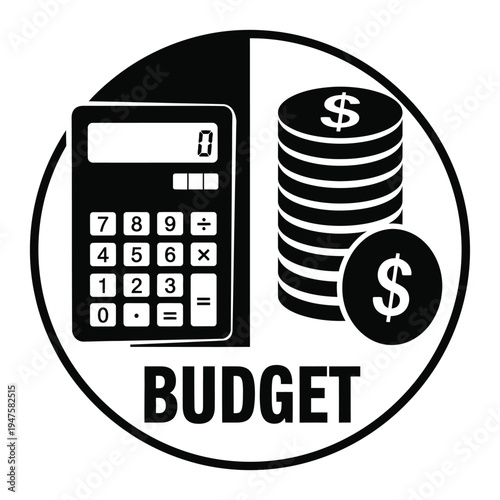 A black and white circular graphic depicts a calculator and stack of coins representing financial planning and budgeting concepts high quality professional detailed modern