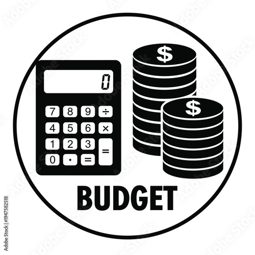 A black and white graphic depicts a calculator stacks of coins and the word budget within a circular frame high quality professional detailed modern elegant stylish