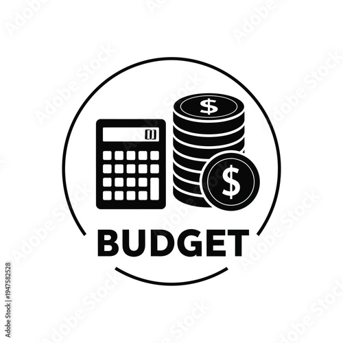 A black and white graphic depicts a calculator stacks of coins with dollar signs and the word budget below them high quality professional detailed