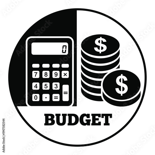 A black and white circular icon depicts a calculator stacked coins and the word budget representing financial planning high quality professional detailed modern elegant