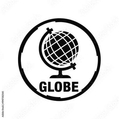 A stark black and white illustration depicts a globe resting on a stand enclosed within a bold circular frame with the word globe high quality professional